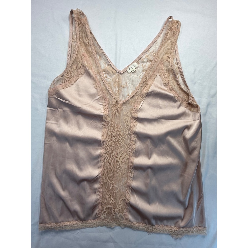 POL Womens Satin Lace V-Neck Camisole Tank Top Dusty Rose Pink Large